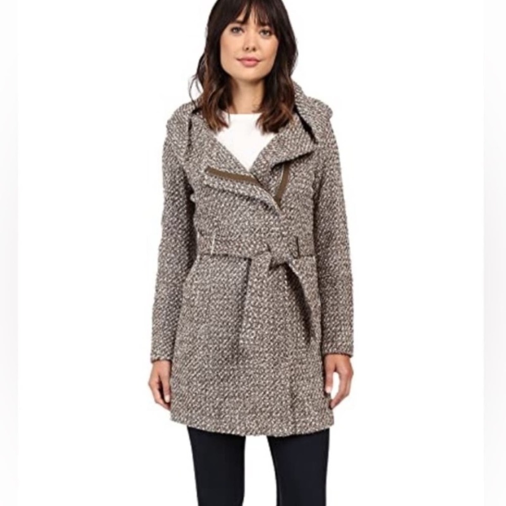 Calvin Klein Womens Tweed Jacket Size Medium Hooded Belted Wool Classic Warm
